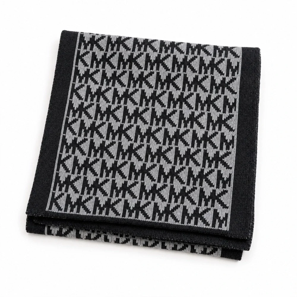Michael Kors MK Logo Knit Scarf Womens Black Grey Monogram Winter Quiet Luxury